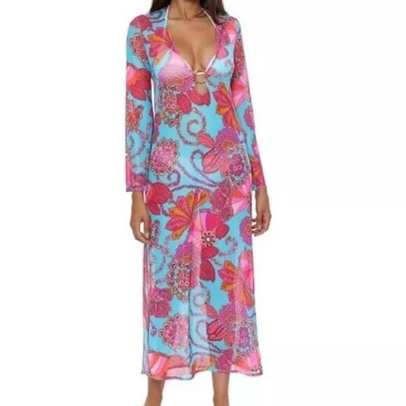 Trina Turk Melani Mesh Maxi Dress Cover Up Turquoise Multi NWT $178